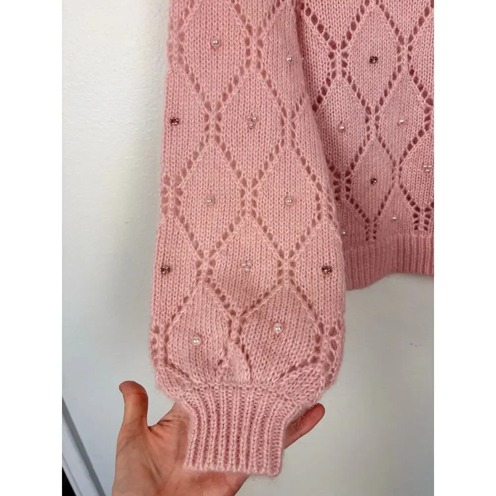 NWT Sezane Federica Knit Powder Pink Jewel Detail Balloon Sleeve Jumper XXS